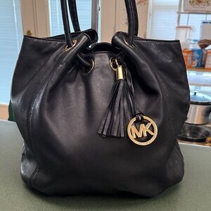 Michael Kors Black Leather Shoulder Bag with Gold Accents